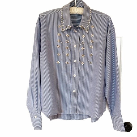 ZARA JEWEL APPLIQUÉ POPLIN STRIPE BLUE WHITE SHIRT - Picture 3 of 9